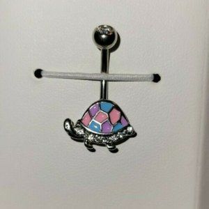 Enamel & CZ paved Turtle 316L Surgical Steel Belly Button Navel Ring Pink